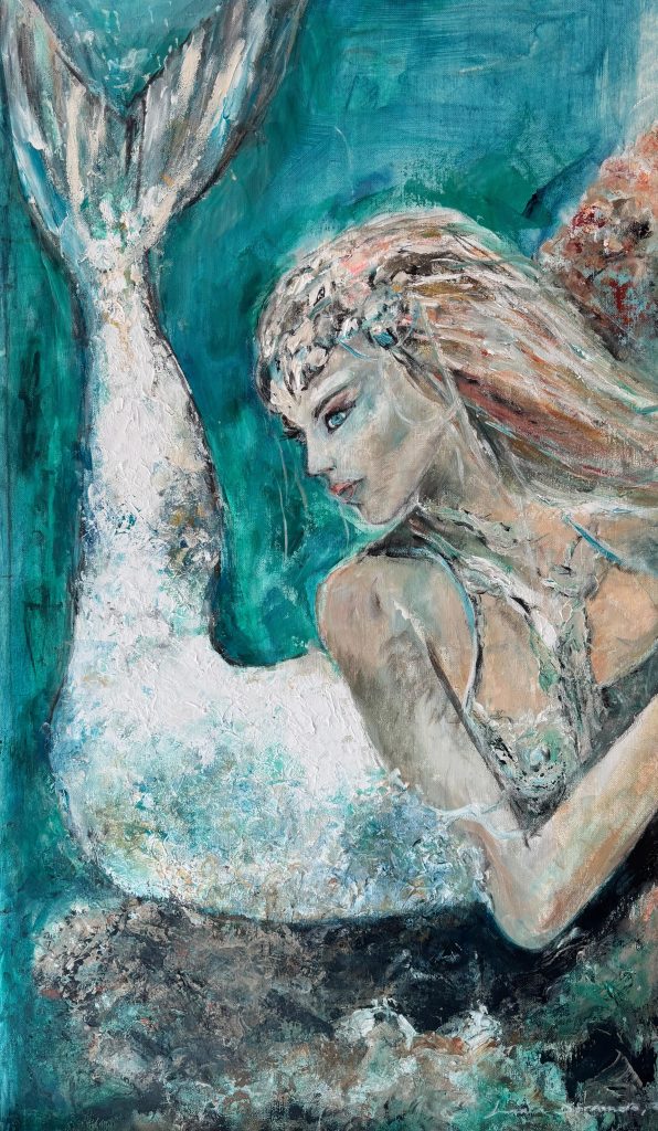 Mujer sirena perla pintura acrilico